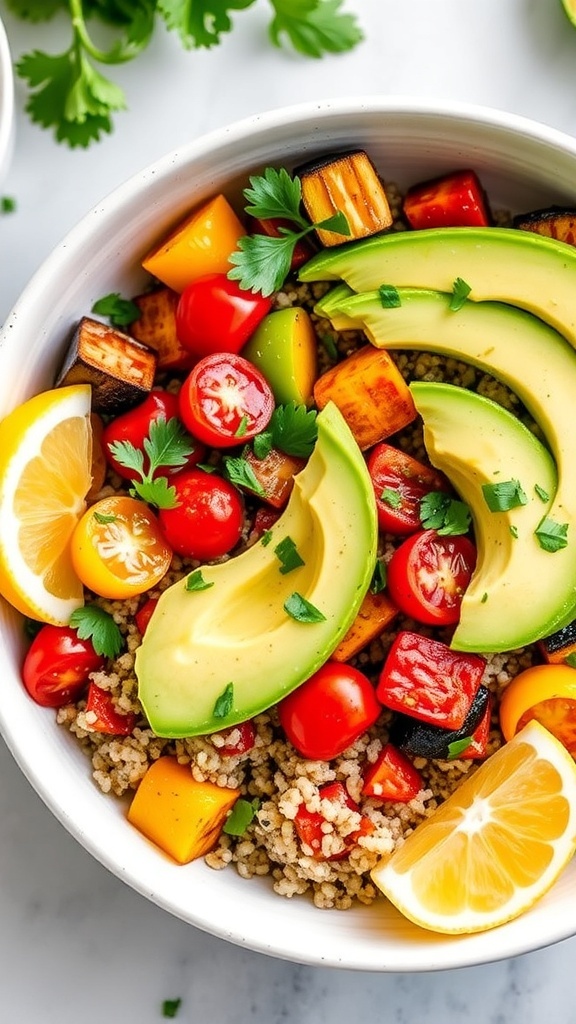 A colorful quinoa nourish bowl with roasted vegetables, chickpeas, and avocado, garnished with herbs and lemon.